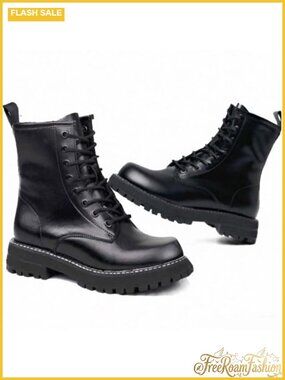 Genuine Leather Ankle Booties Side Zipper Lace-up Combat Boots